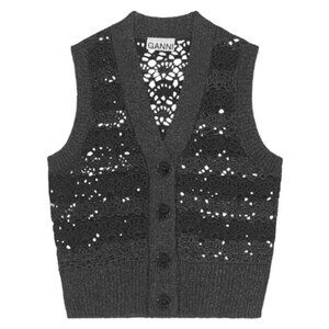 Ganni Black & Navy Stripe Metallic Crochet Vest NWT